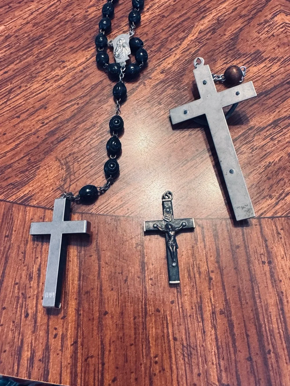 Silver Cross Pendant Trio with Black Bead Rosary